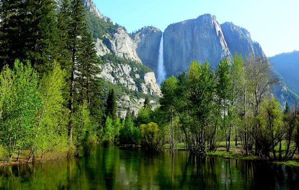 Forest, the sky, trees, mountains, rock, river, Yosemite, National Park