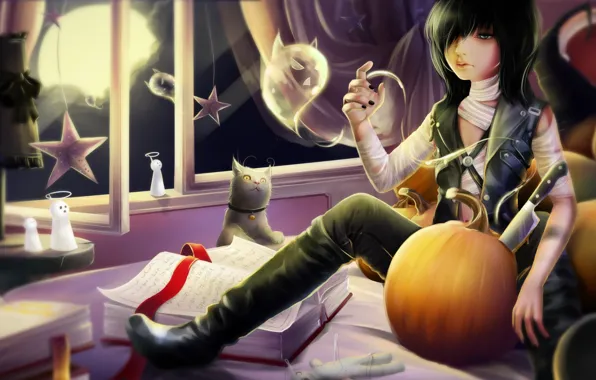 Picture room, books, bandages, art, guy, halloween, records, spirit