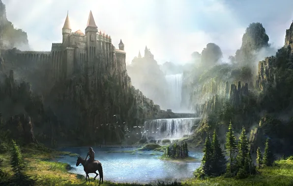 Mountains, river, castle, rocks, horse, waterfall, armor, art