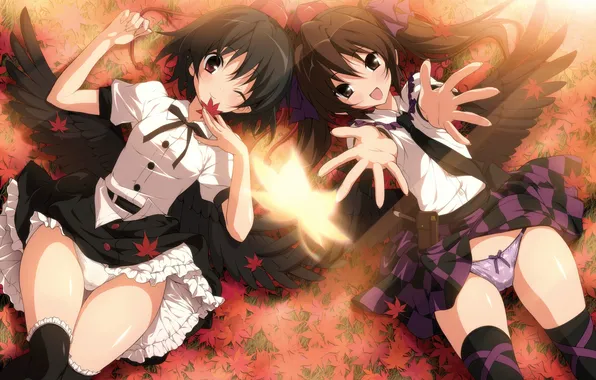 Leaves, sheet, panties, two girls
