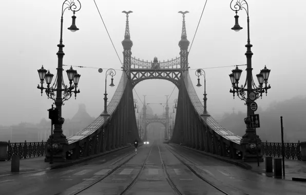 Picture road, machine, bridge, fog, lights, motorcycle, car, Budapest