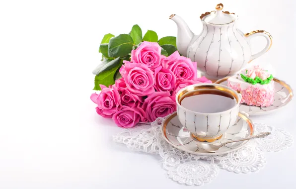 Flowers, tea, the sweetness, roses, bouquet, kettle, Cup, drink