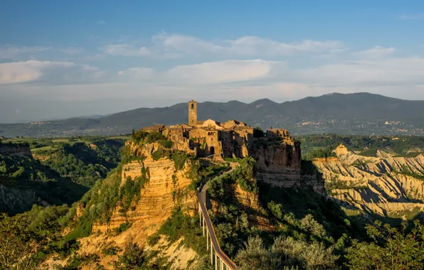 Mountains, tower, village, Italy, Civita di Bagnoregio, Viterbo