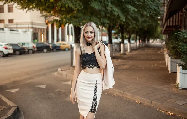 Road, look, trees, machine, pose, model, skirt, portrait