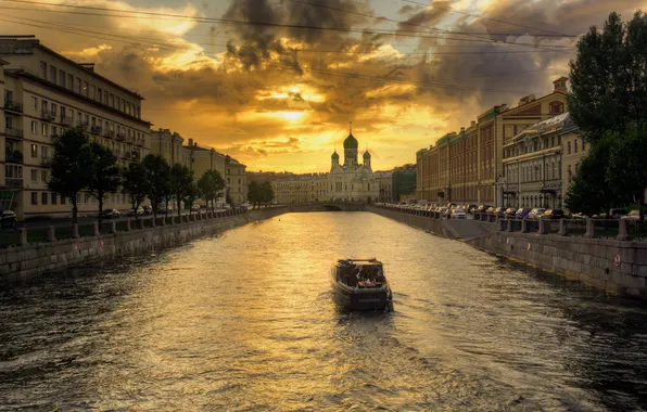 The sky, water, sunset, Church, channel, Gordeev Edward, Saint Petersburg
