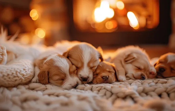 Dogs, pose, dog, puppies, puppy, fireplace, brood, AI art