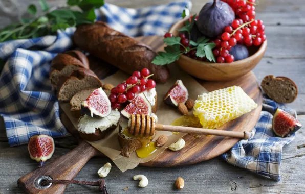 Picture honey, bread, nuts, red, currants, almonds, sandwiches, baton