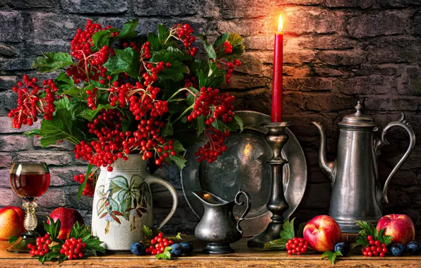 Picture branches, berries, glass, candle, dishes, fruit, still life, peaches