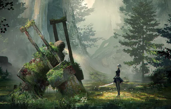 Girl, mountains, thickets, robot, sword, abandonment, Nier