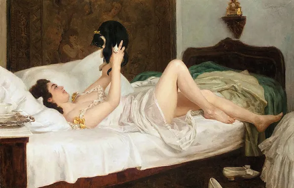 Picture Girl, Cat, Smile, Picture, Bed, Pet, Russian artist, Nikolai Bodarevsky