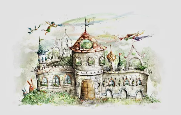 Castle, figure, tale, gate, flag, elves, grey background, spires