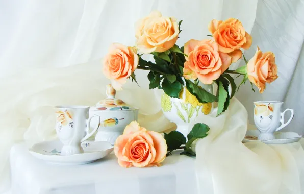 Flower, flowers, table, roses, bouquet, silk, kettle, Cup