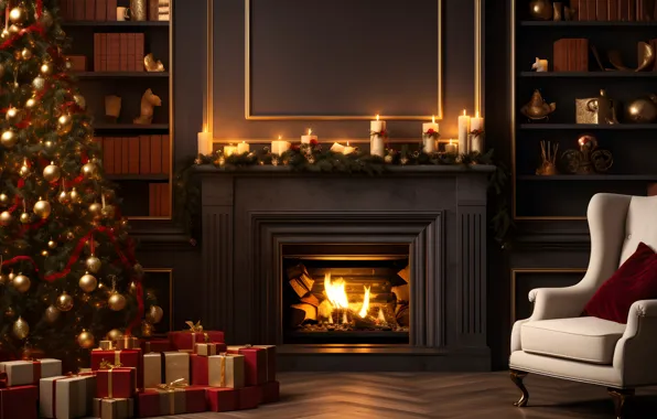 Decoration, room, balls, tree, interior, New Year, Christmas, gifts
