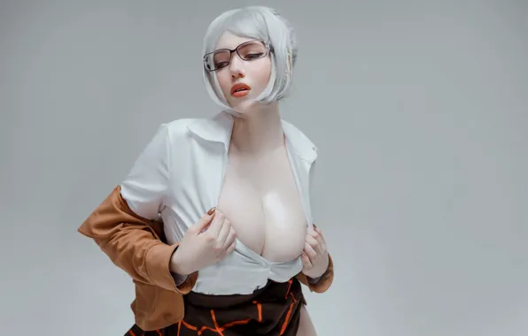 Cleavage, model, women, glasses, red lipstick, Big boobs, white shirt, women with glasses