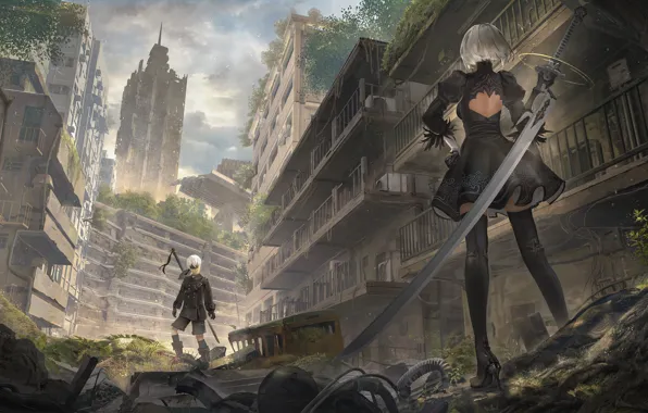 Girl, ruins, guy, YoRHa No. 2 Type B, by RAYxRAY, NieR: Automata among the ruins, …