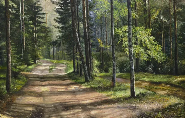 Summer, trees, landscape, oil, pine, painting, canvas, path