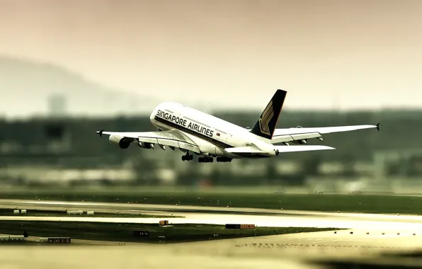 Picture tilt shift, Zurich airport, the rise, Airbus 380
