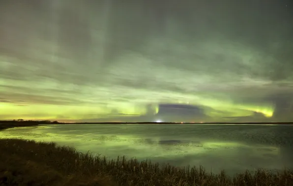 The sky, landscape, reflection, shore, Northern lights