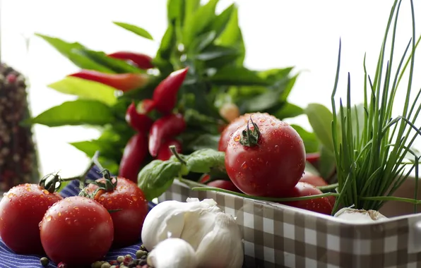 Greens, food, still life, vegetables, tomatoes, garlic