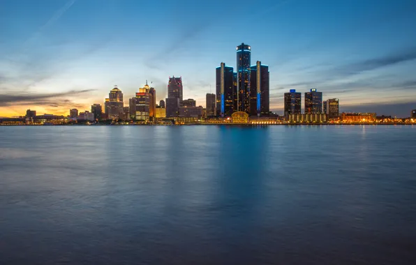 Skyline, evening, Detroit, Ontario, blue hour, Windsor