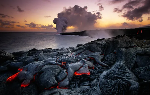 Sea, landscape, smoke, Hawaii, couples, lava, USA, Hawaii volcanoes national Park
