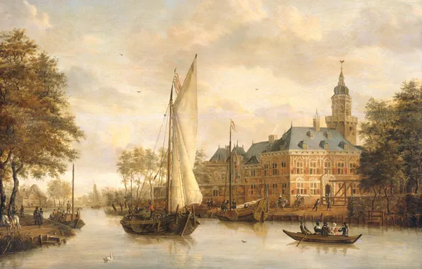 Landscape, tree, boat, oil, picture, sail, Nyenrode castle on the River Vecht in Breukelen, Jacobus …