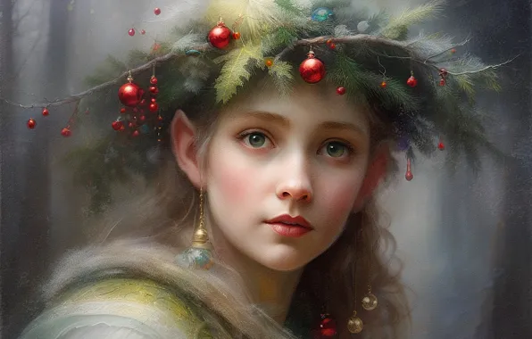 Girl, balls, portrait, Christmas, New year, elf, painting, wreath