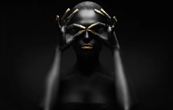 Gold, black, figure, pose, makeup