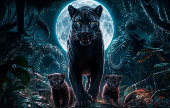 The moon, cats, Panther, jungle, kittens