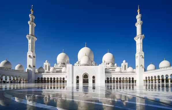 The sky, reflection, mosque, Abu Dhabi, UAE, The Sheikh Zayed Grand mosque, Abu Dhabi, UAE