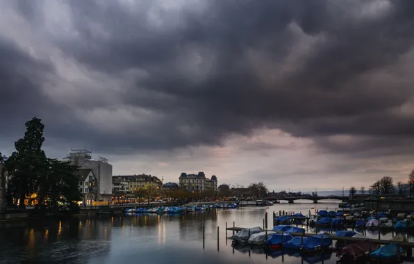 Bridge, river, boats, the evening, Switzerland, Zurich, Quai bridge, Bellevue