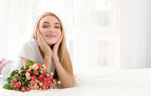 Picture flowers, pose, mood, bed, roses, bouquet, makeup, hairstyle