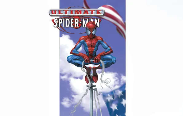 Picture the sky, clouds, the wind, white background, American flag, comic, Marvel Comics, Spider-Man