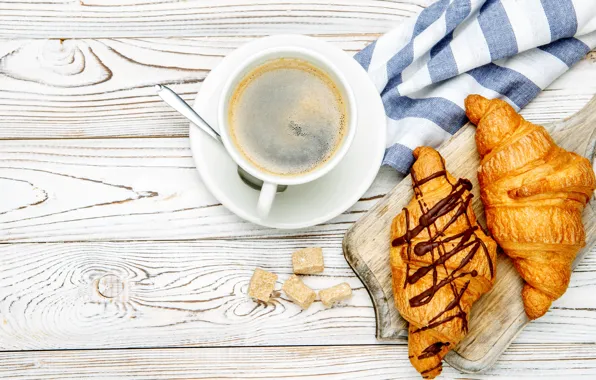 Table, Board, coffee, spoon, Cup, saucer, napkin, croissant