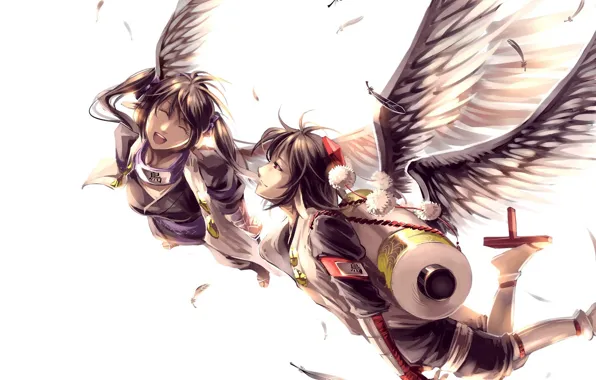 Flight, smile, the wind, wings, feathers, white background, two, long hair