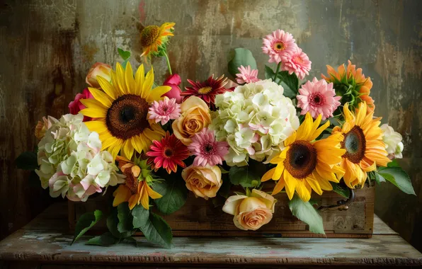 Sunflowers, flowers, roses, bouquet, box, gerbera, different, hydrangea