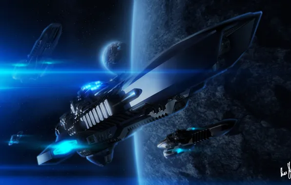 Picture space, stars, ship, planet, art