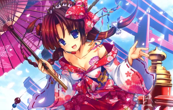 Picture the sky, girl, clouds, umbrella, anime, petals, art, microphone