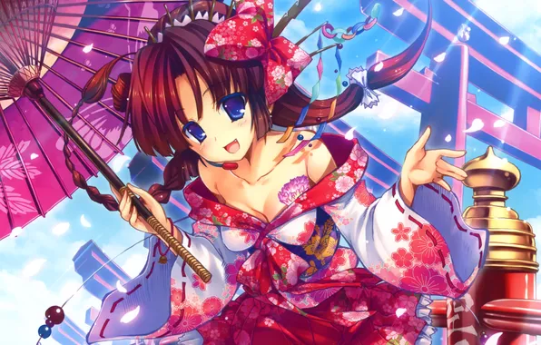 The sky, girl, clouds, umbrella, anime, petals, art, microphone