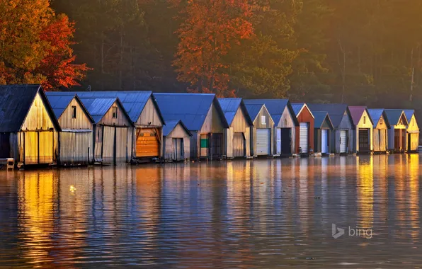 Trees, lake, Canada, Ontario, Greater Sudbury, boat houses