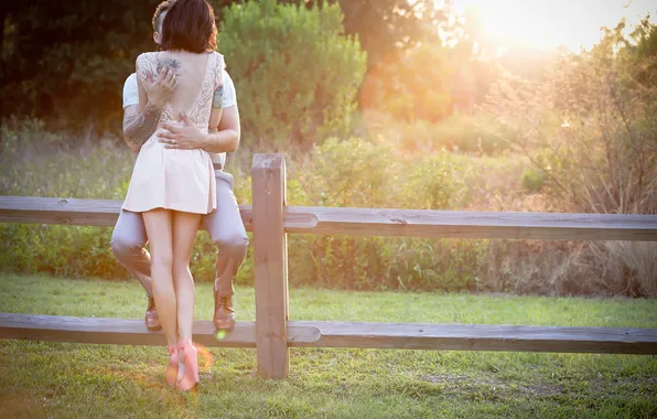 Nature, back, tattoo, hugs, guy, tattoo, shoes. summer, girl. lovers