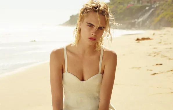 Sea, beach, look, the sun, portrait, actress, blonde, white dress