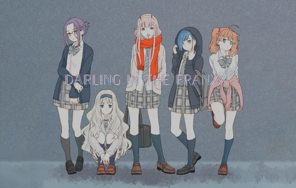 Picture girls, anime, grey background, Darling in the frankxx