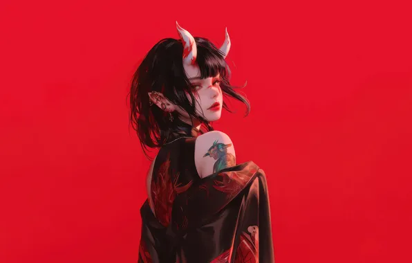 Girl, Devil, Anime, Tattoo, Demon, Kimono, Horn, Red Background
