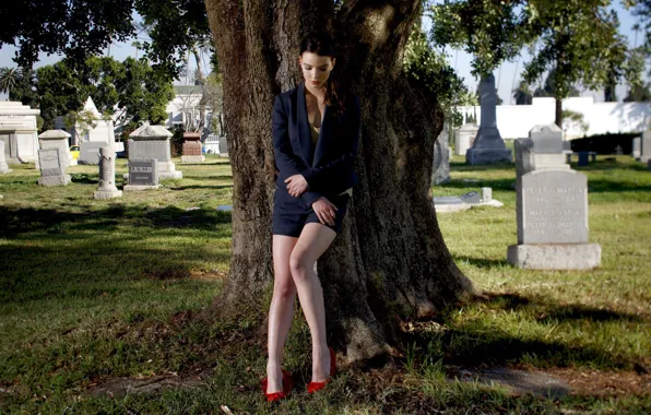 Picture girl, trees, pose, feet, shorts, actress, brunette, shoes