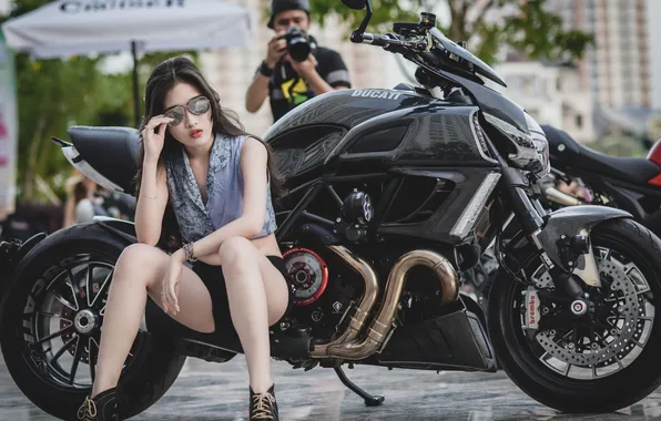 Girl, legs, Ducati, posing, sitting, black sunglasses, Ducati