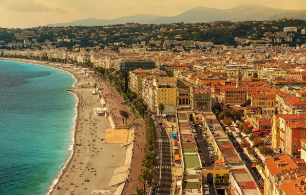 Picture sea, beach, landscape, mountains, the city, palm trees, coast, France