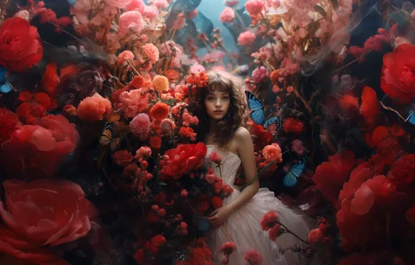 Wallpaper girl, flowers, AI art, face, digital art, image, The Art of Artificial Intelligence, neural network