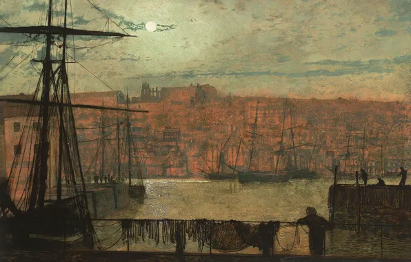 Clouds, ship, picture, The moon, mast, the urban landscape, John Atkinson Grimshaw, ray
