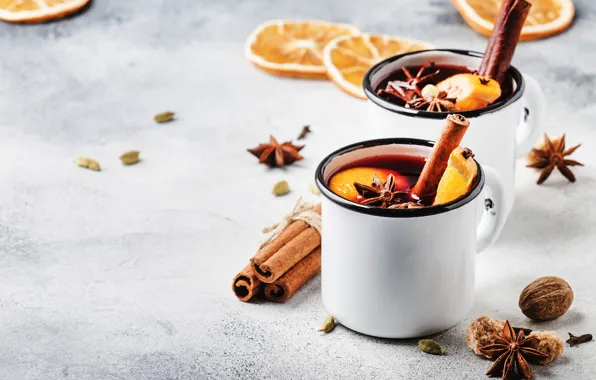 Table, hot, oranges, Christmas, New year, drink, mugs, nuts